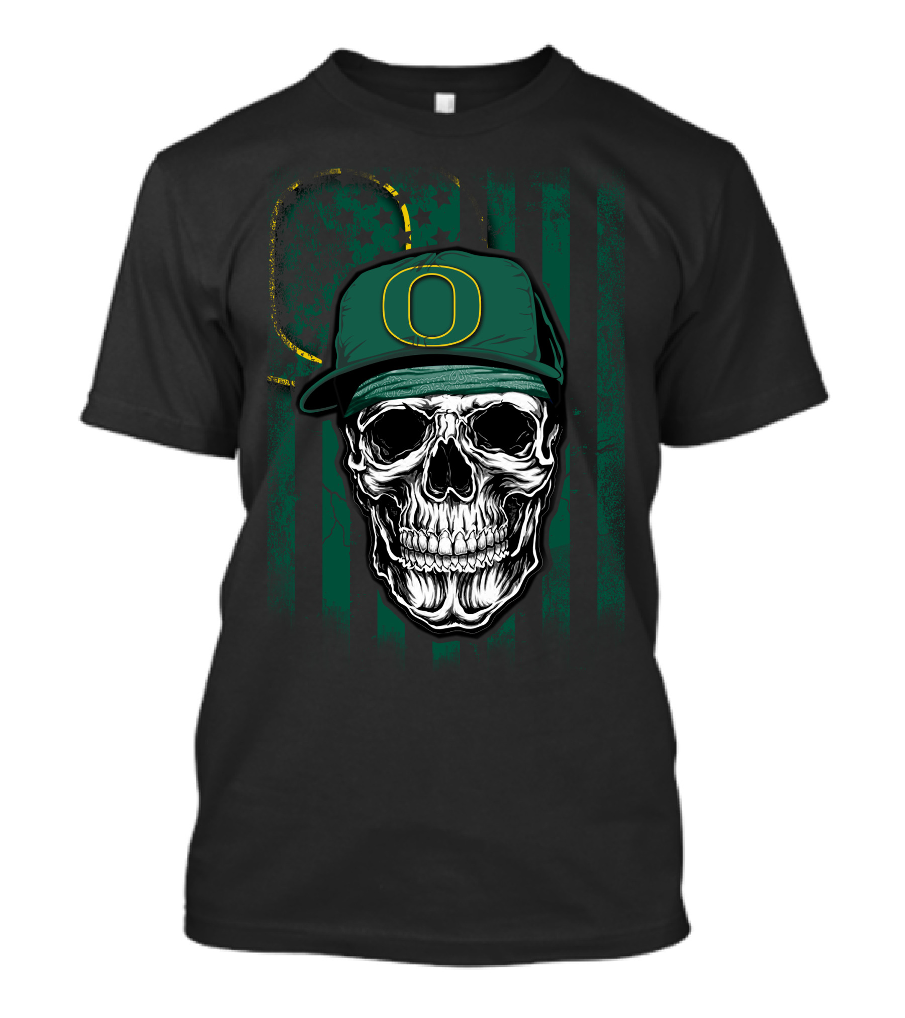 Skull With Oregon Ducks Cap On Green T-Shirt