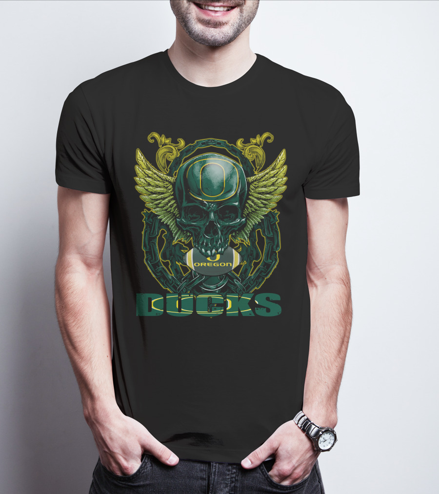 SkullFB Oregon Ducks Football Skull Design With Wings And Chains T-Shirt