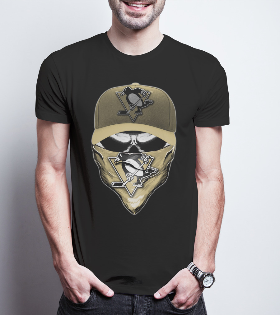 Skull With Pittsburgh Penguins Logo Hat And Bandana T-Shirt