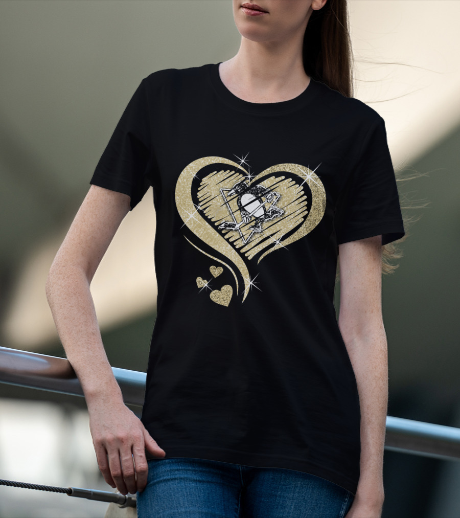 Heart Diamond Pittsburgh Penguins Logo Gold Sparkle T-Shirt