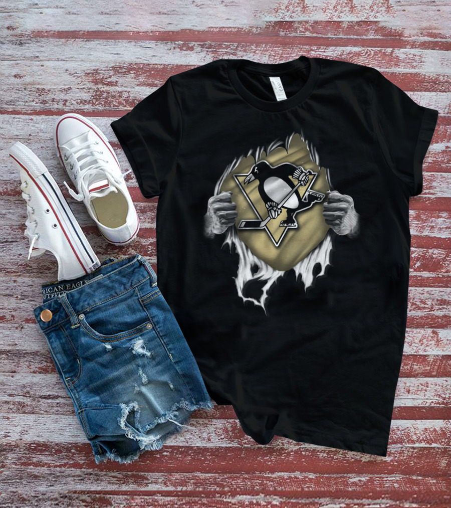 Torn Pittsburgh Penguins Logo Hockey Ripped T-Shirt
