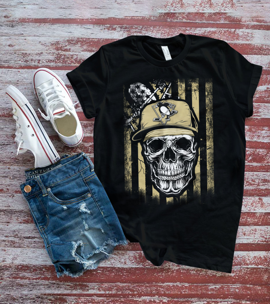 Skull Wearing Pittsburgh Penguins Logo Cap On T-Shirt