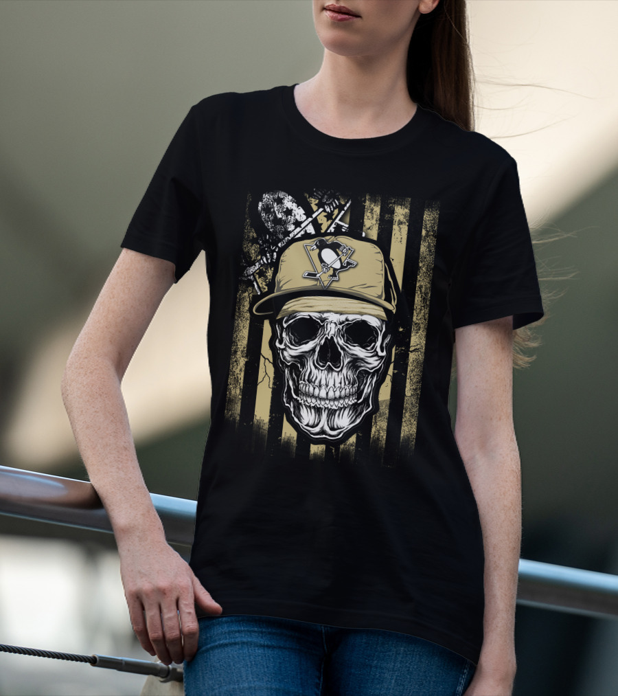 Skull Wearing Pittsburgh Penguins Logo Cap On T-Shirt
