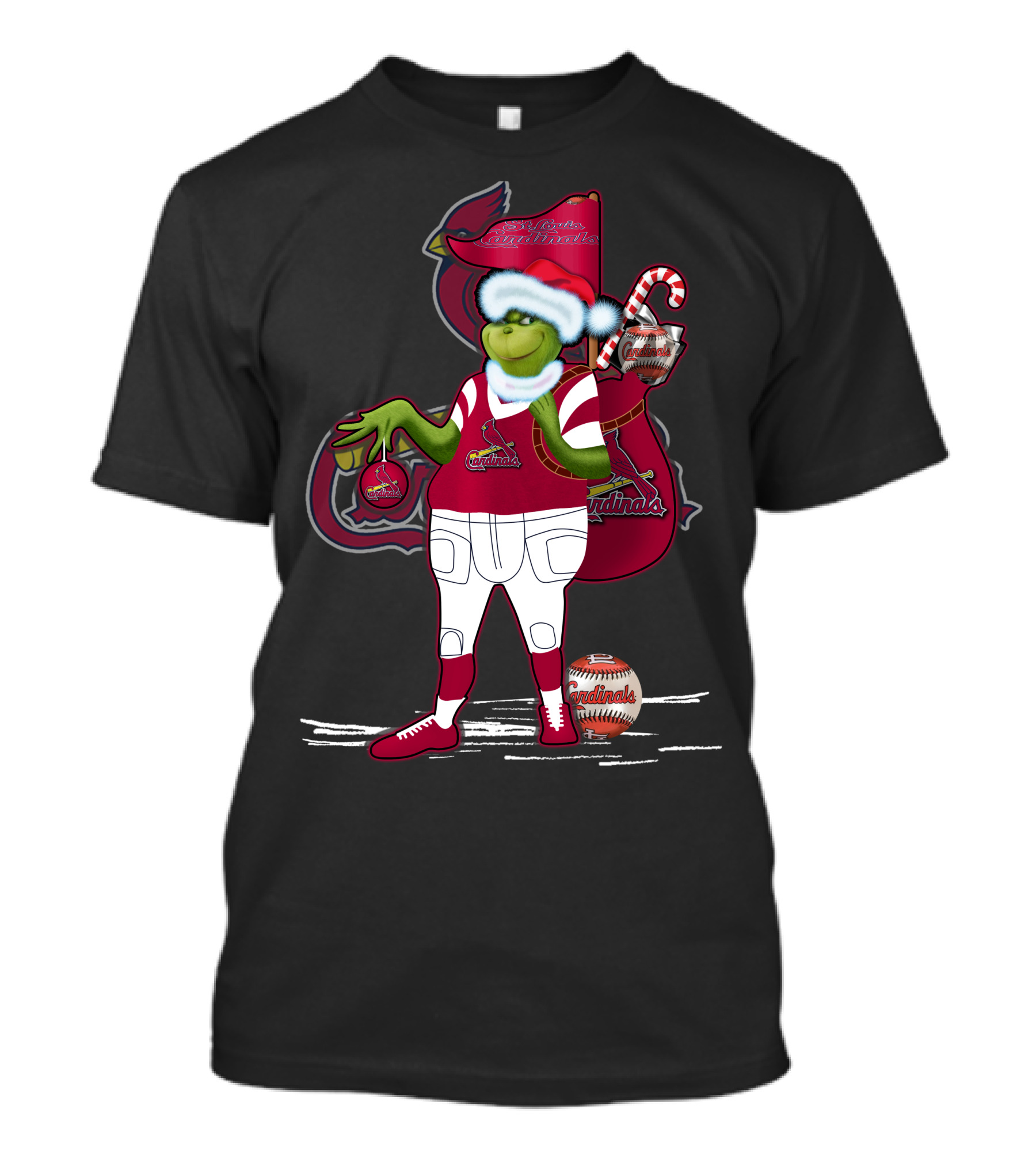 Grinchmas St. Louis Cardinals Christmas Baseball Character With Candy Cane And Baseball Gear T-Shirt