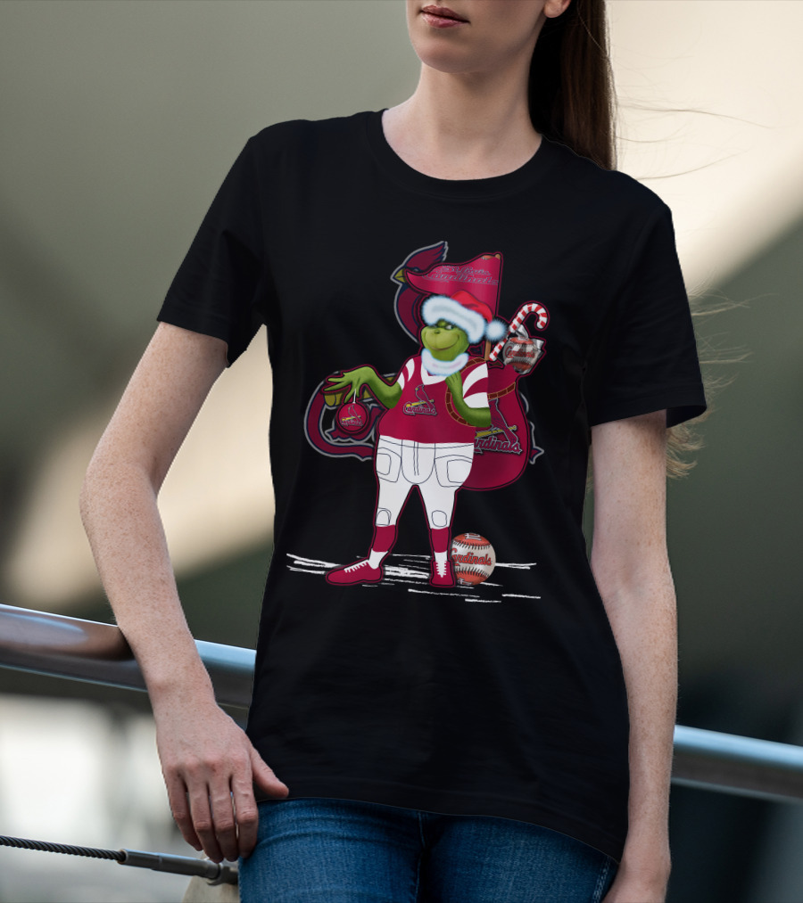 Grinchmas St. Louis Cardinals Christmas Baseball Character With Candy Cane And Baseball Gear T-Shirt