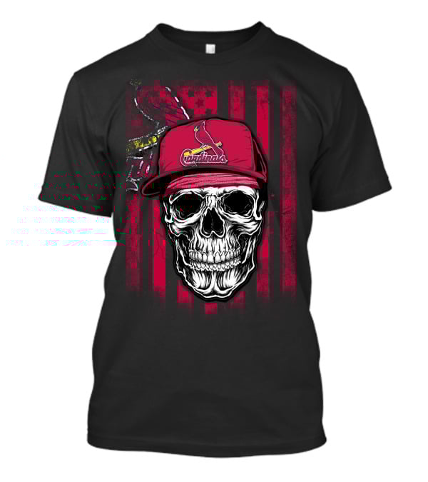 Skull St. Louis Cardinals Hat With American Flag Background T-Shirt