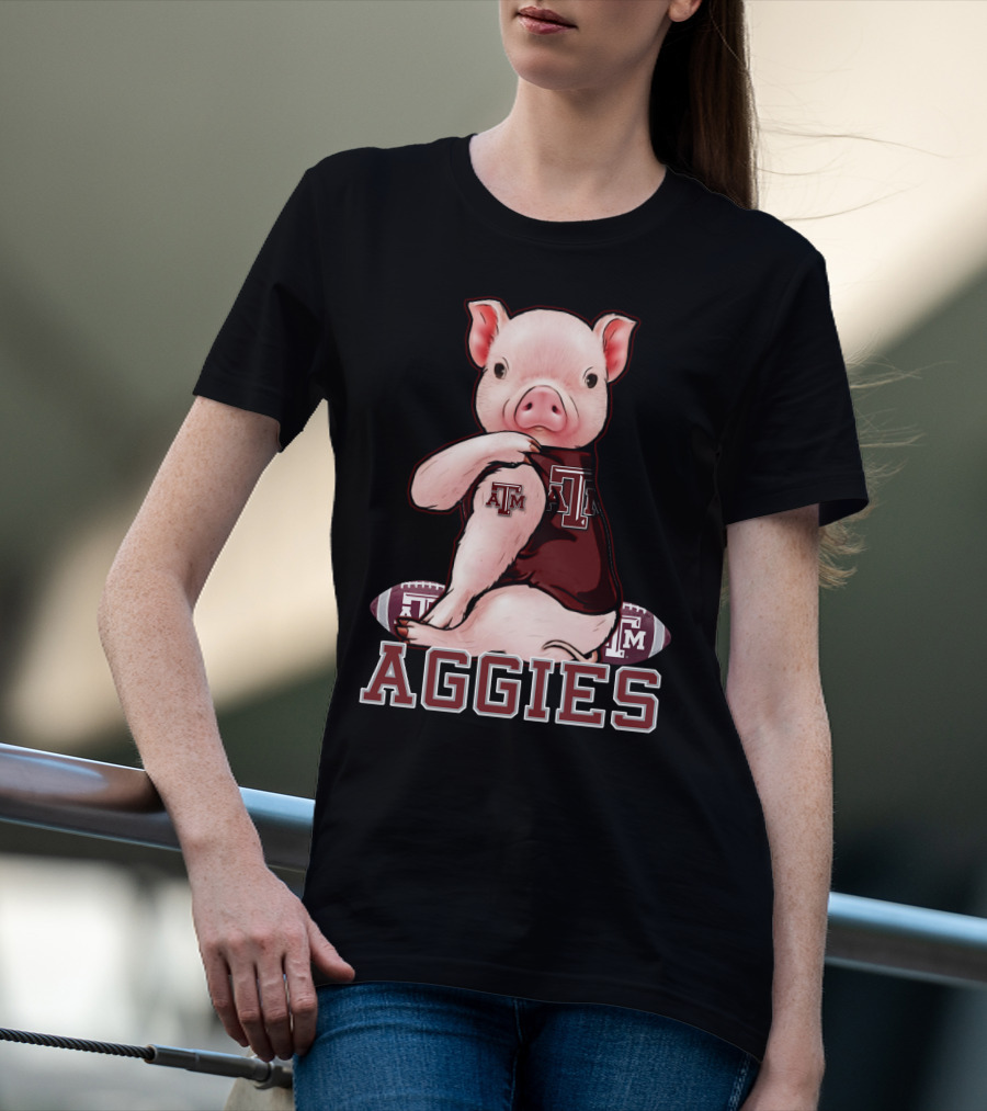 Pig Wearing Texas A&M Aggies Logo Sitting On Aggies Football T-Shirt