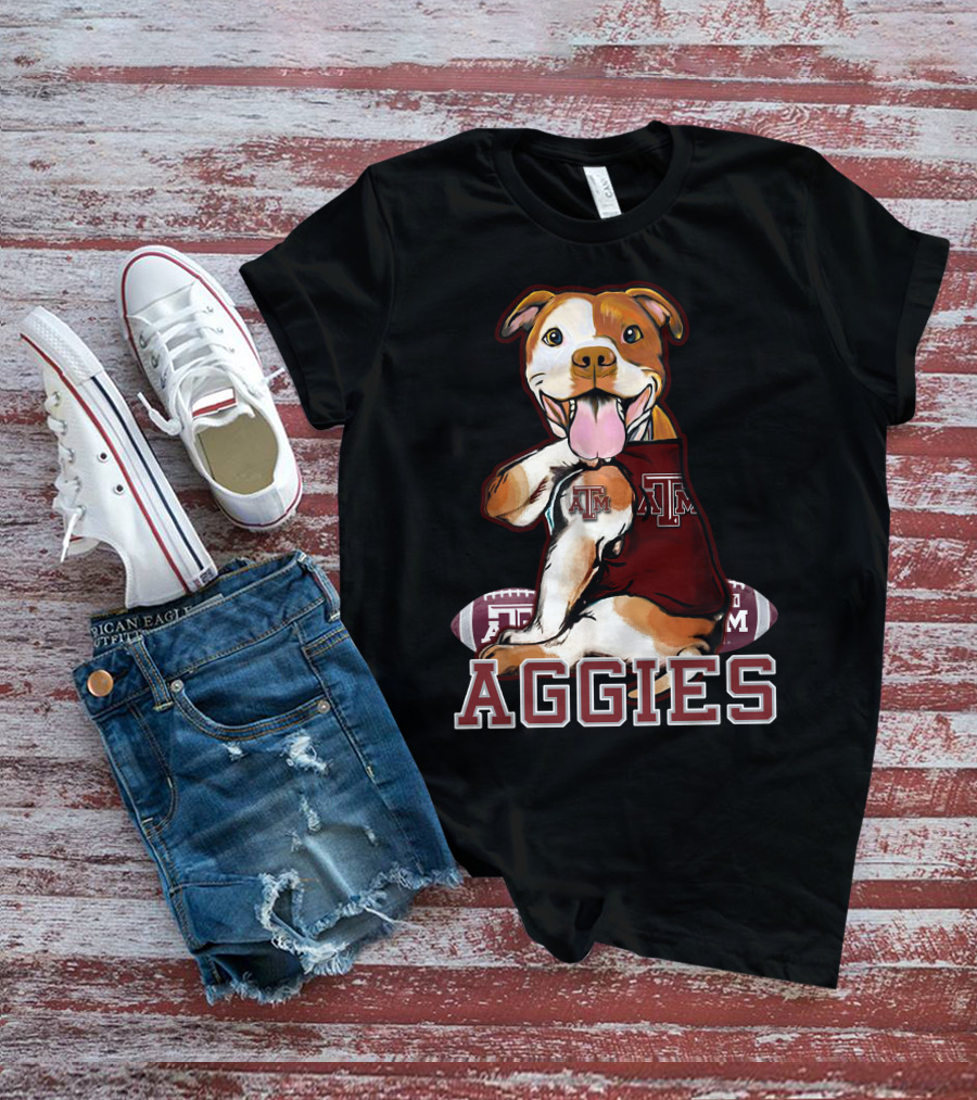 Pitbull Wearing Texas A&M Aggies Logo With Football T-Shirt