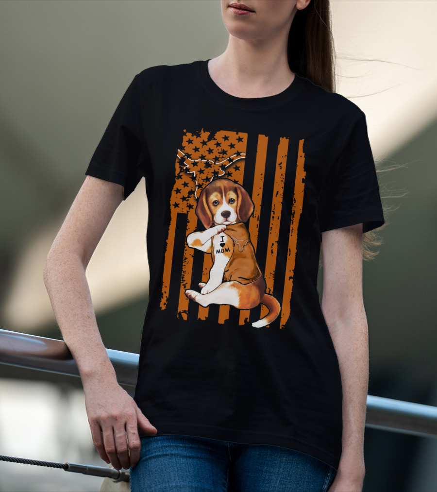 Beagle I Love Mom Texas Longhorns American Flag T-Shirt