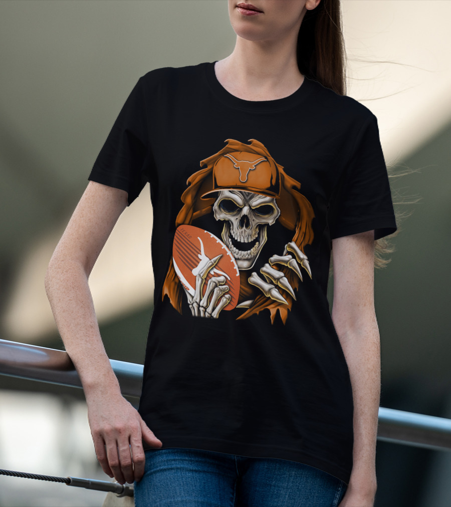 Texas Longhorns Skull With Football And Cap T-Shirt