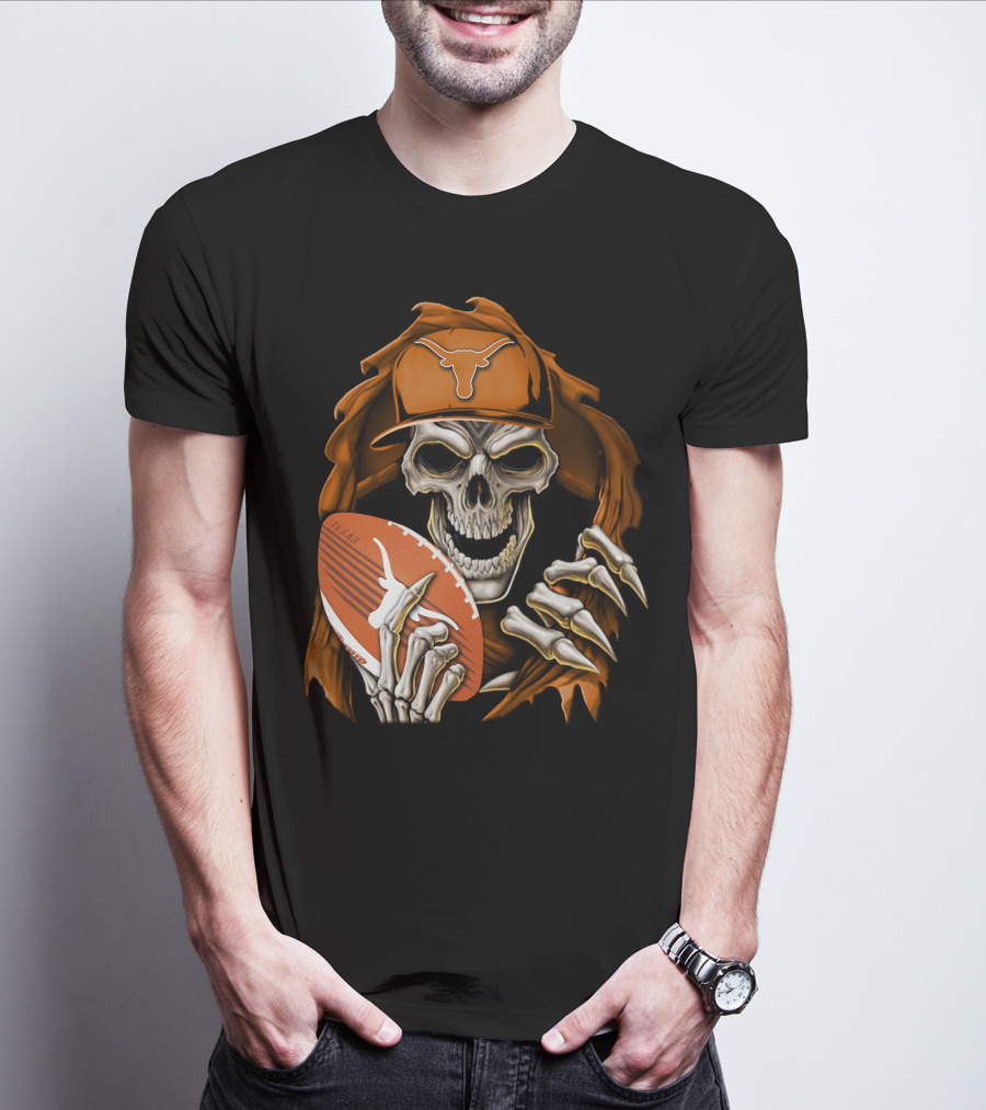 Texas Longhorns Skull With Football And Cap T-Shirt