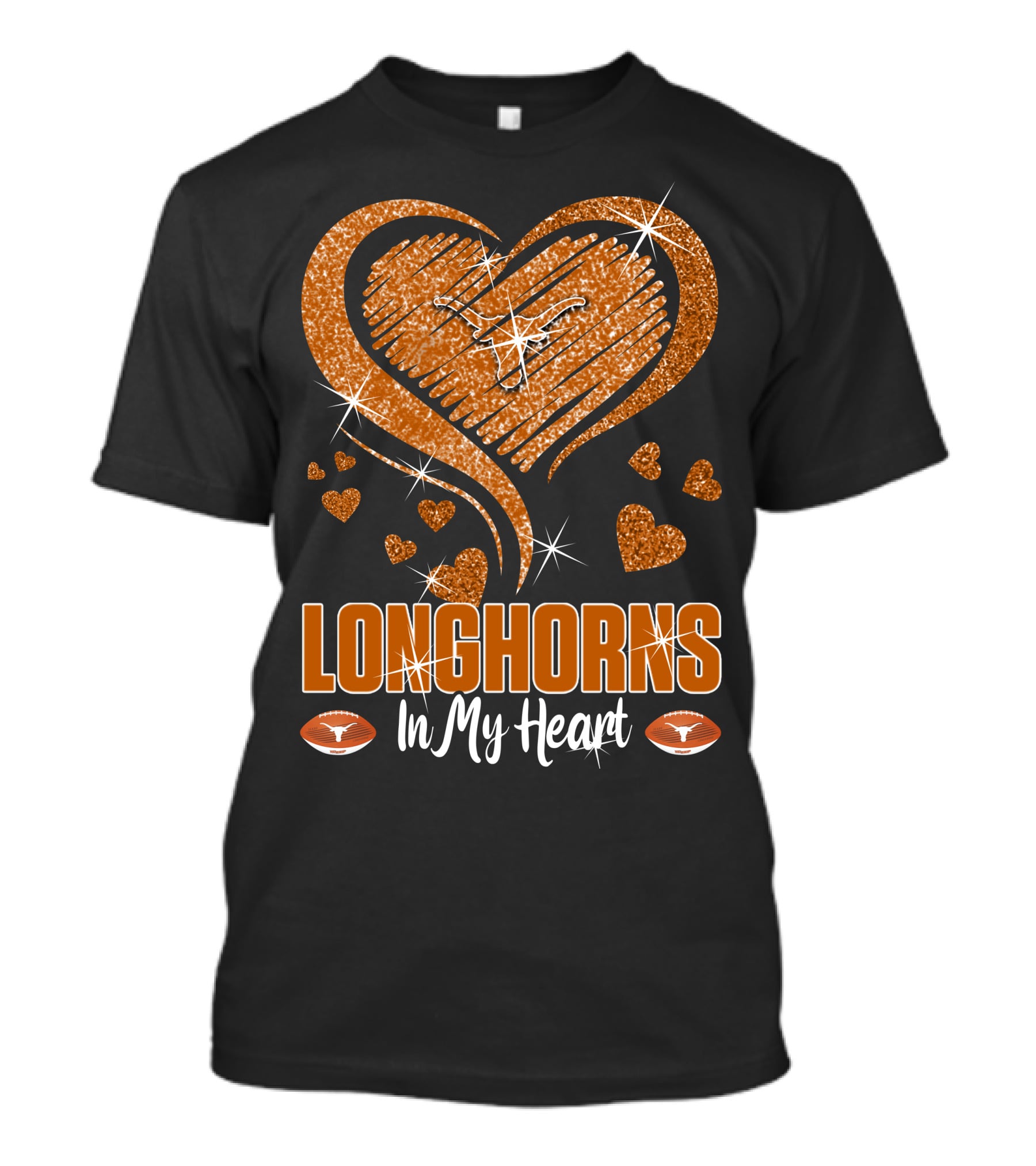 Longhorns In My Heart Glittering Orange With Football Icons T-Shirt