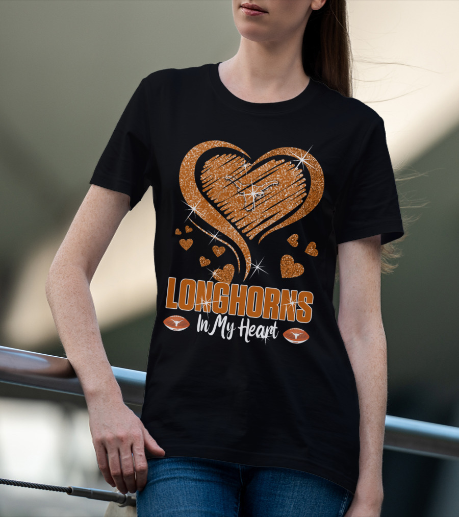 Longhorns In My Heart Glittering Orange With Football Icons T-Shirt