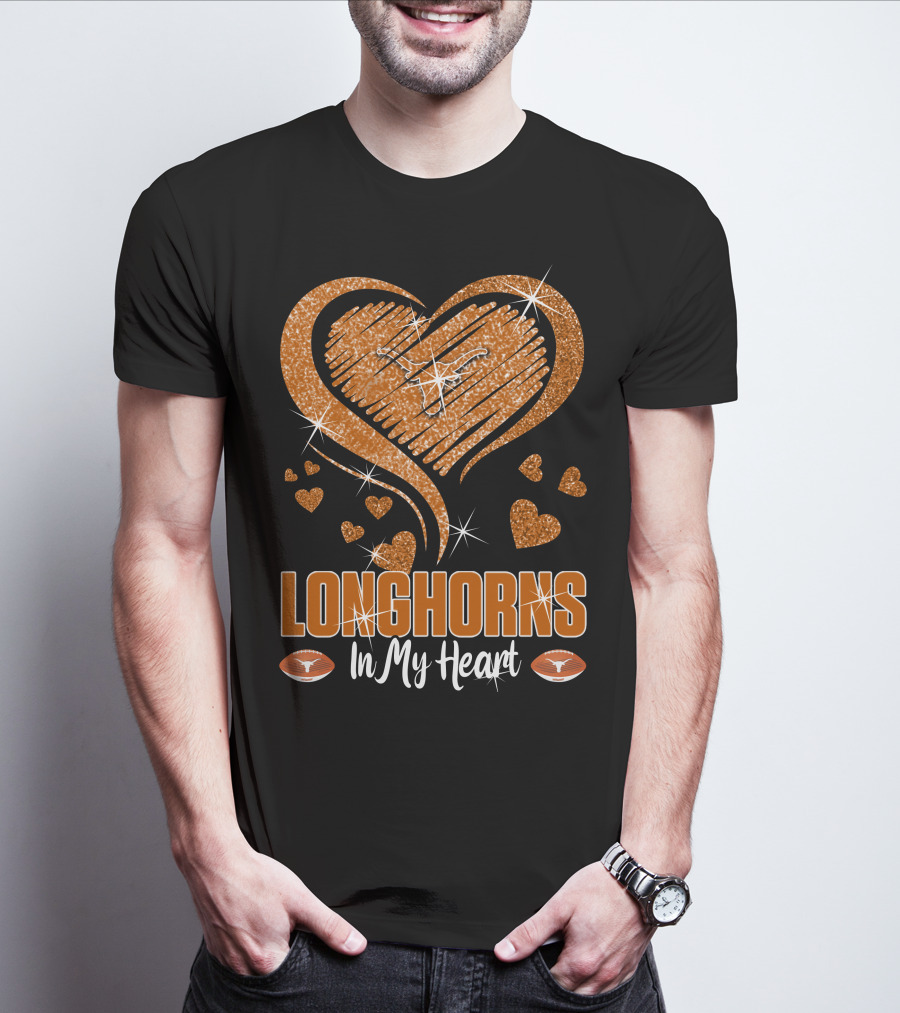 Longhorns In My Heart Glittering Orange With Football Icons T-Shirt