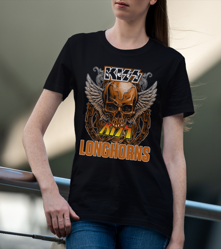 Kiss Texas Longhorns Skull With Wings And Chains T-Shirt