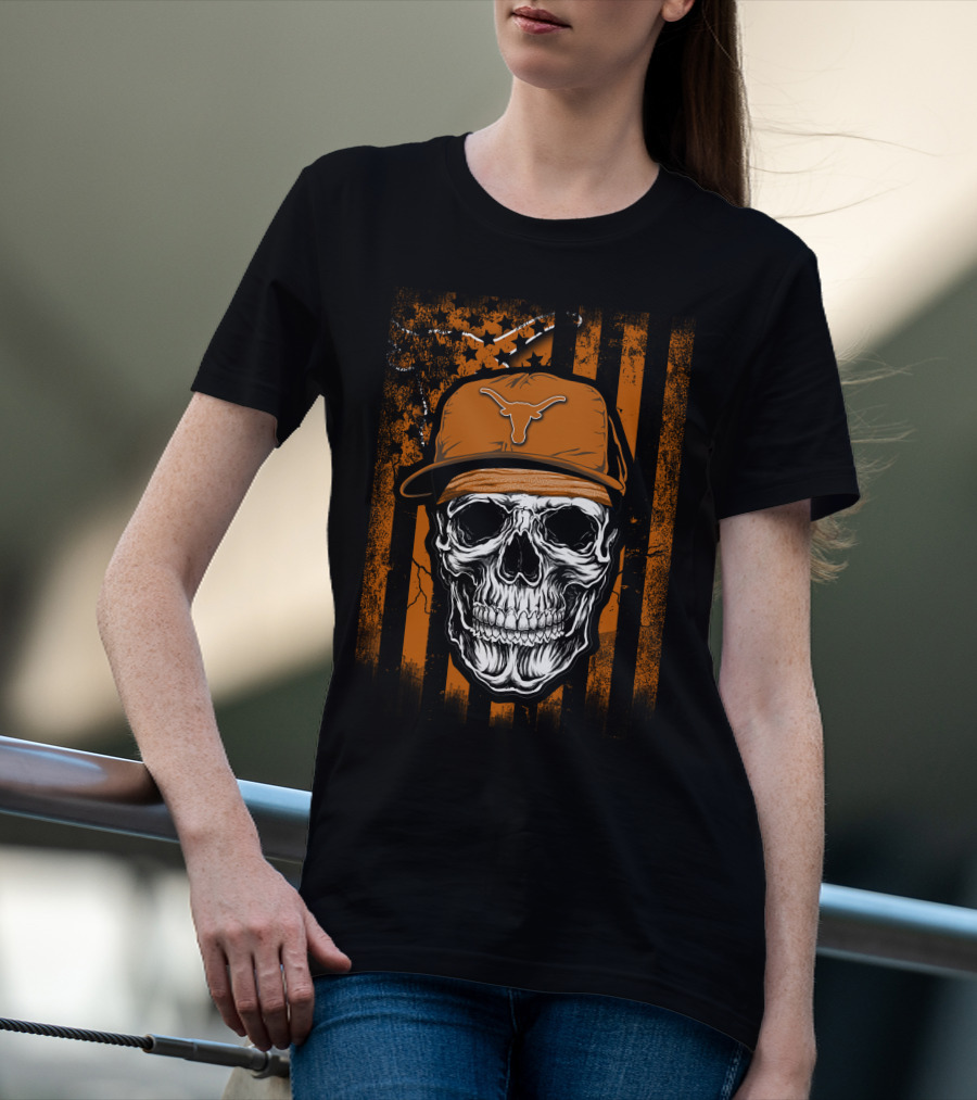 Skull Texas Longhorns Orange Hat Grunge Flag T-Shirt