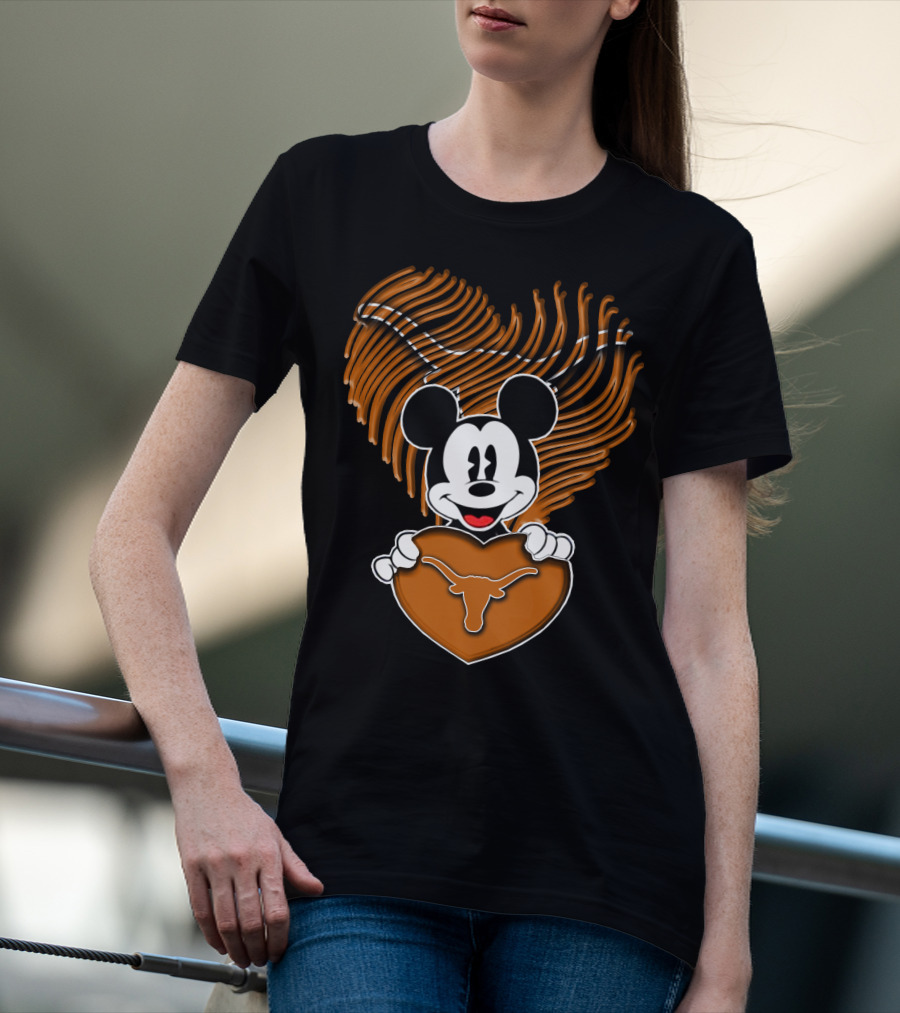 Mick Mouse And Texas Longhorns Heart T-Shirt