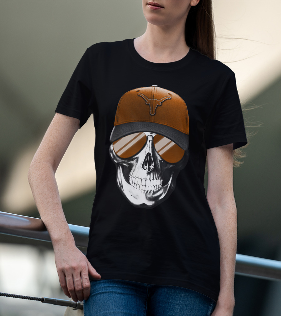 Skull With Texas Longhorns Cap And Sunglasses T-Shirt