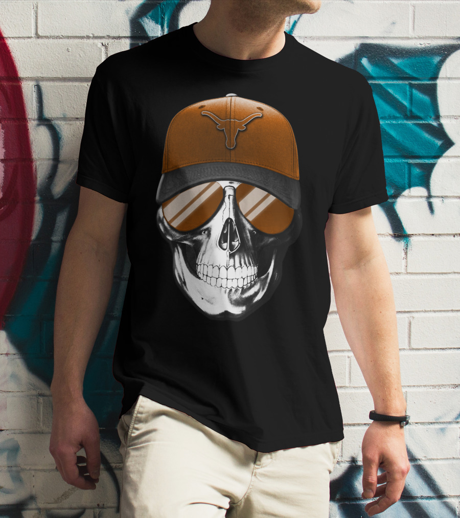 Skull With Texas Longhorns Cap And Sunglasses T-Shirt