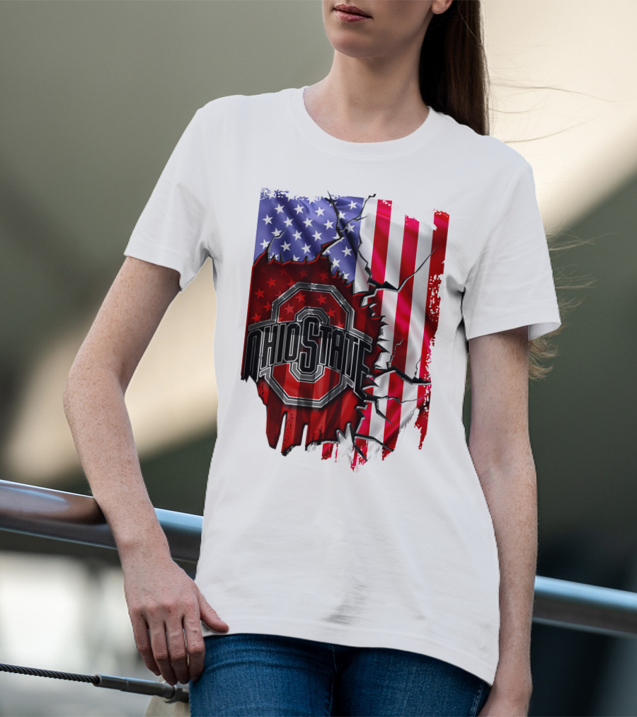 Ohio State Buckeyes Logo With Torn American Flag Background T-Shirt