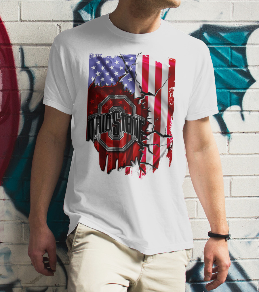 Ohio State Buckeyes Logo With Torn American Flag Background T-Shirt