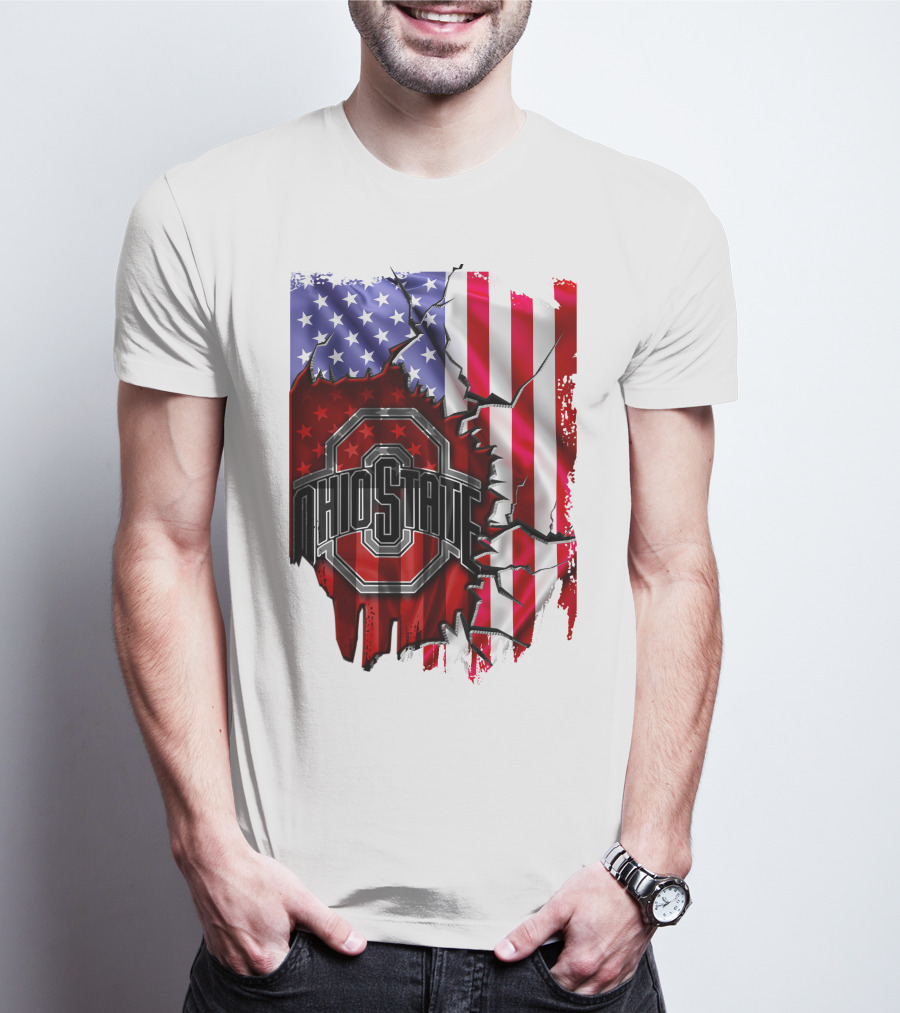 Ohio State Buckeyes Logo With Torn American Flag Background T-Shirt