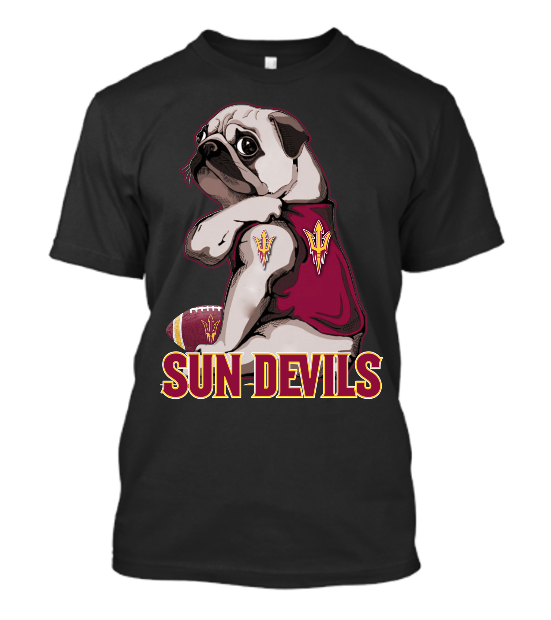 Pug With Trident In Sun Devils Football Mascot Theme T-Shirt