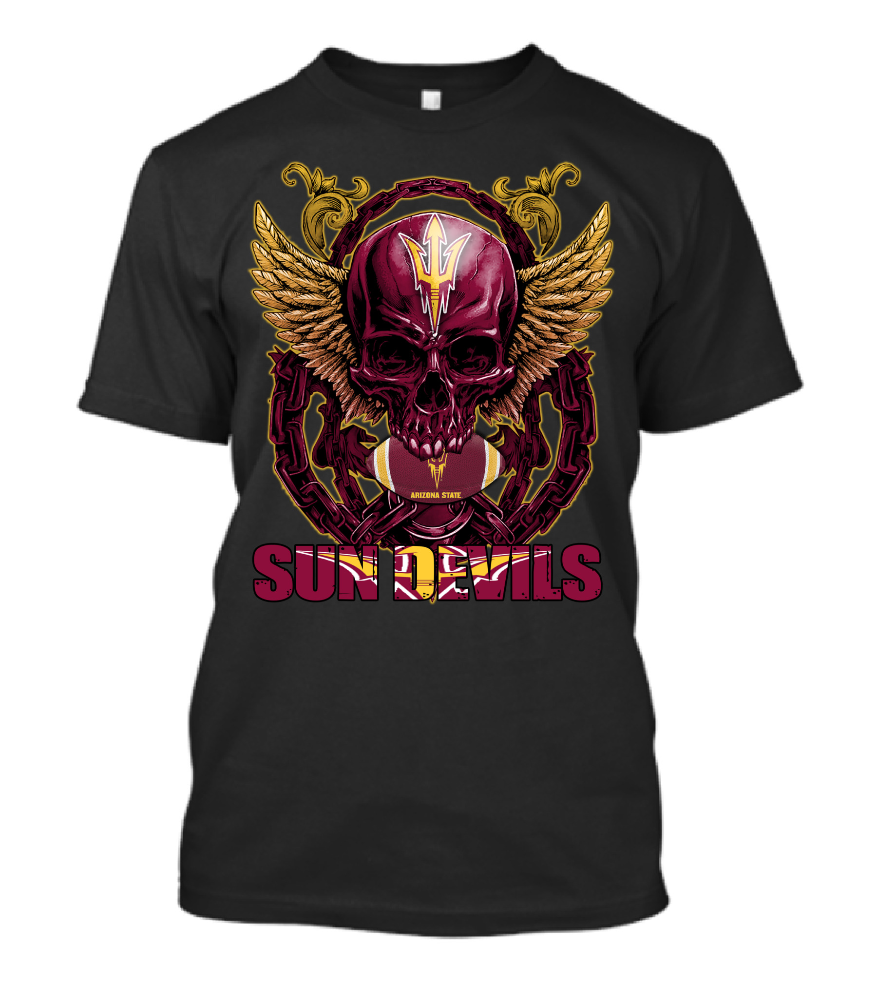 Arizona State Sun Devils Skullfb Winged Skull Football T-Shirt