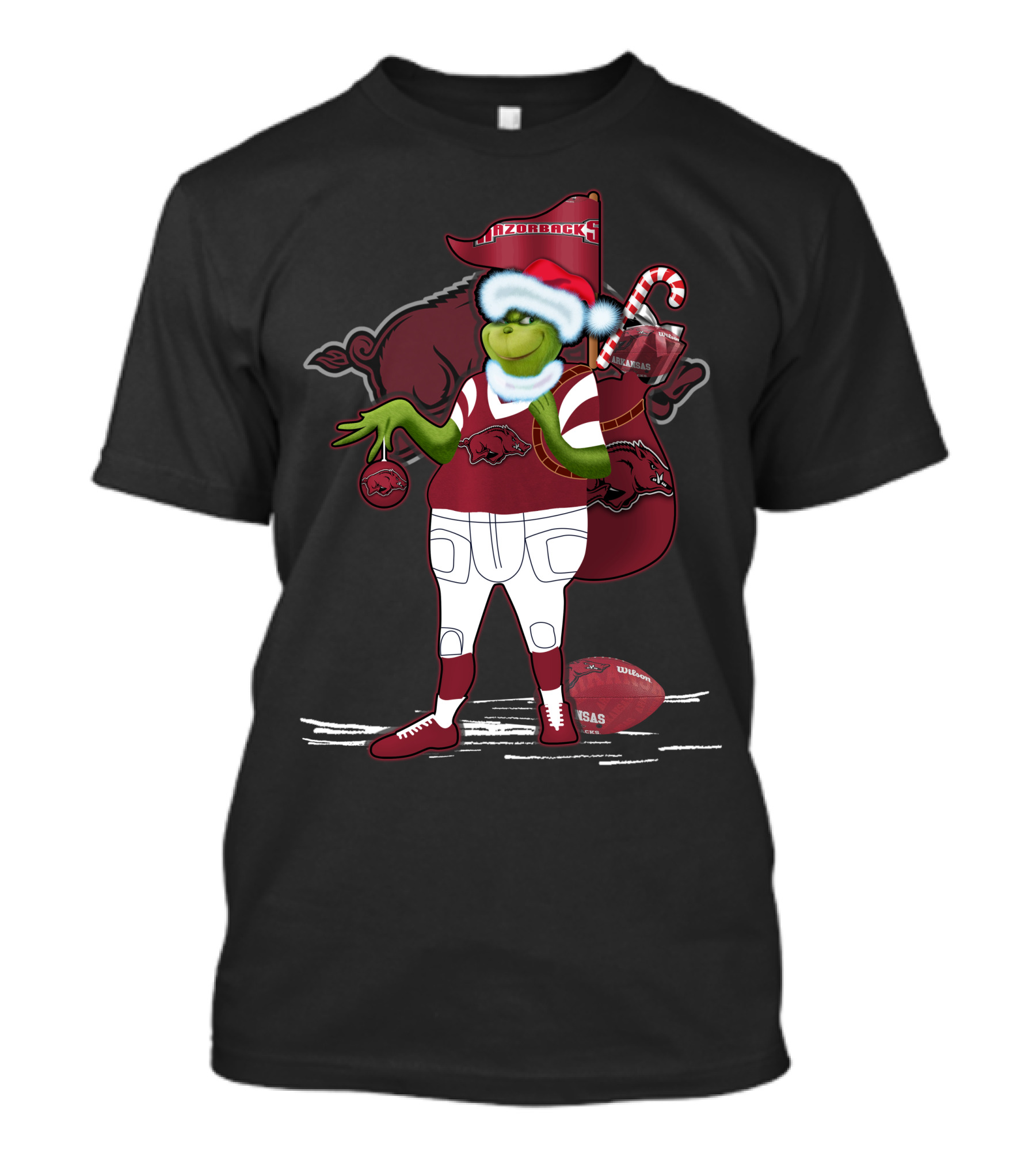 Grinchxmas Arkansas Razorbacks Santa Hat Football Candy Cane T-Shirt