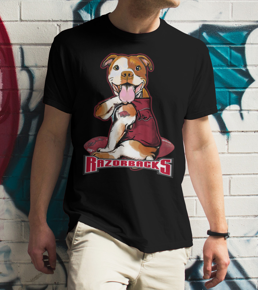 Razorbacks Pittbull Dog With Arkansas Football T-Shirt