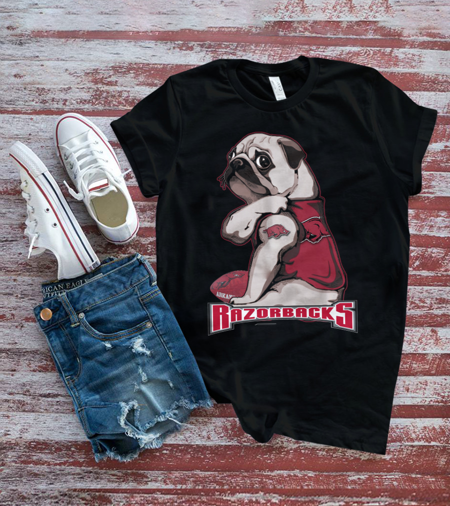 Pug Wearing Arkansas Razorbacks Football Gear T-Shirt