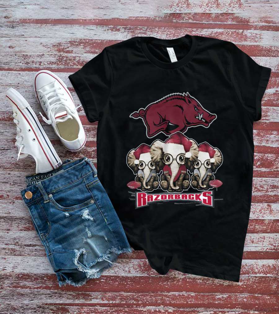Razorbacks Elephan Xmas With Santa Hat Elephants And Arkansas T-Shirt