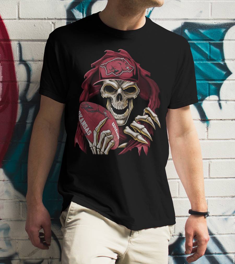 Skullbong Arkansas Razorbacks Skeleton Holding Football With Razorback Cap T-Shirt