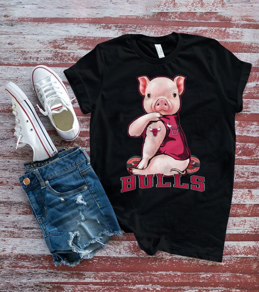 Pig With Chicago Bulls Logo On Jersey And Bulls Emblem T-Shirt
