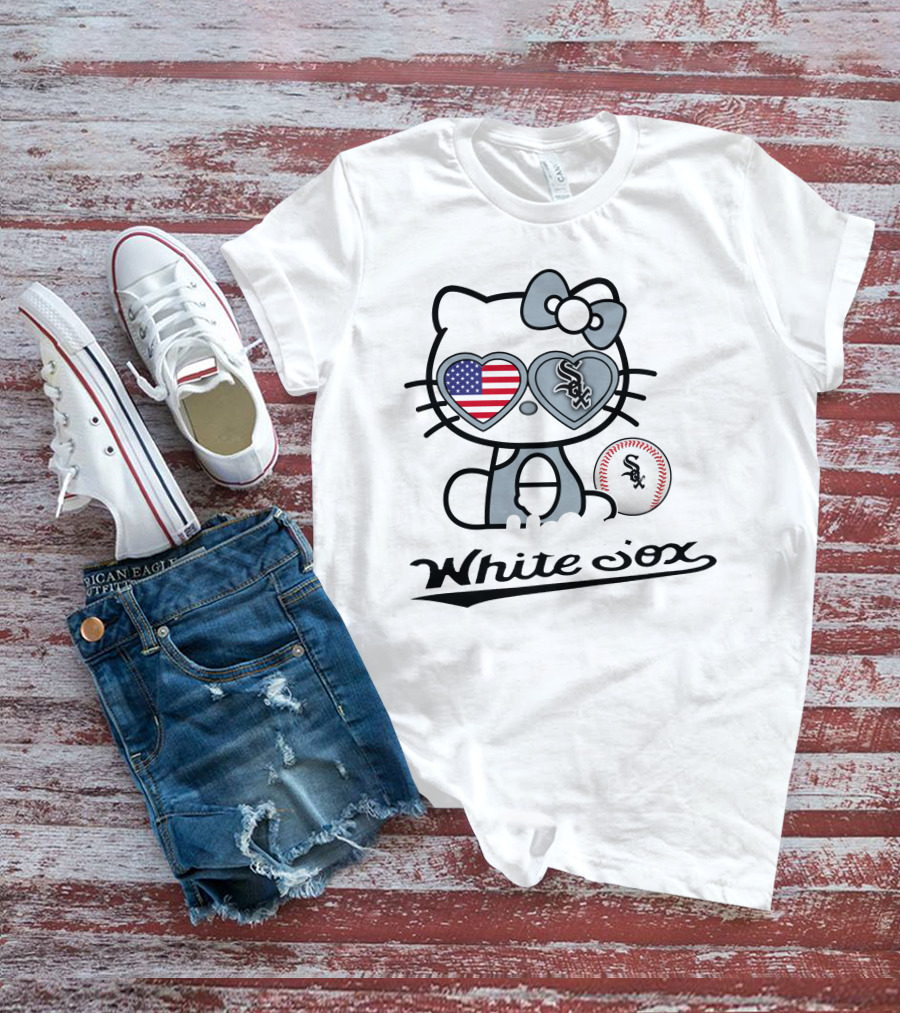 Hello Kitty Chicago White Sox Baseball USA Flag T-Shirt