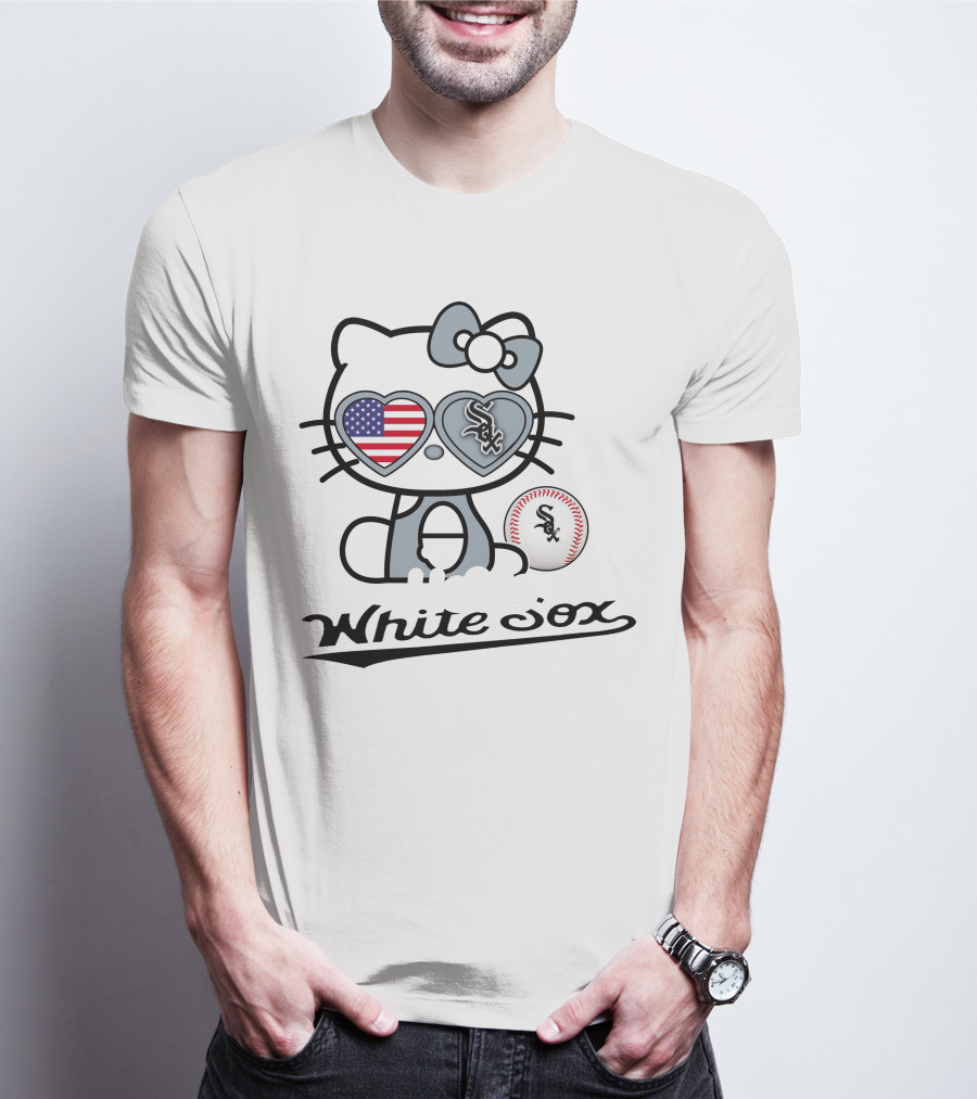 Hello Kitty Chicago White Sox Baseball USA Flag T-Shirt