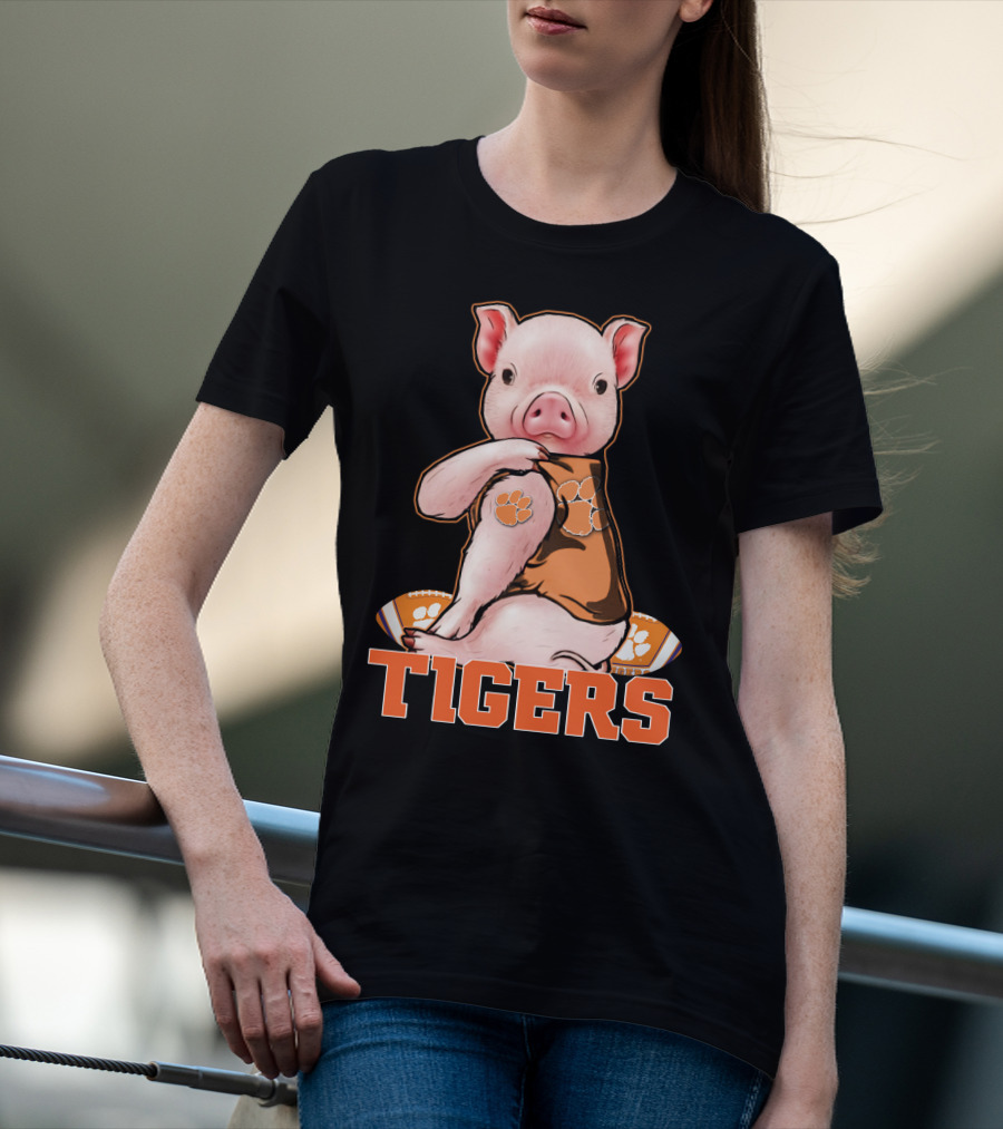 Pig Wearing Clemson Tigers Jersey Football Motif T-Shirt