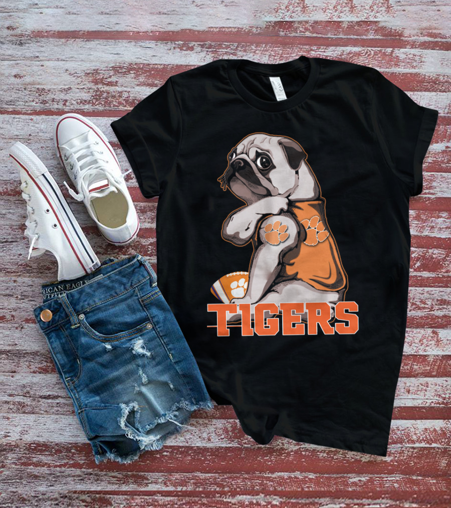 Pug Wearing Clemson Tigers Jersey With Paw Prints Football T-Shirt