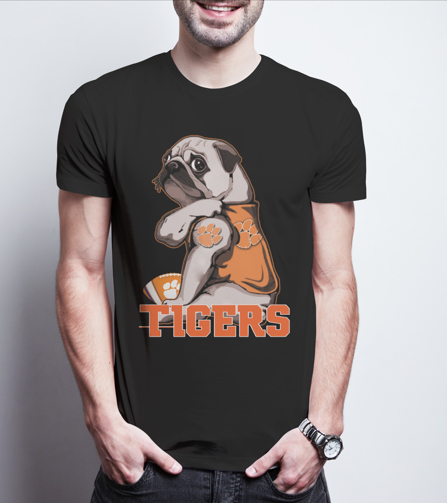 Pug Wearing Clemson Tigers Jersey With Paw Prints Football T-Shirt