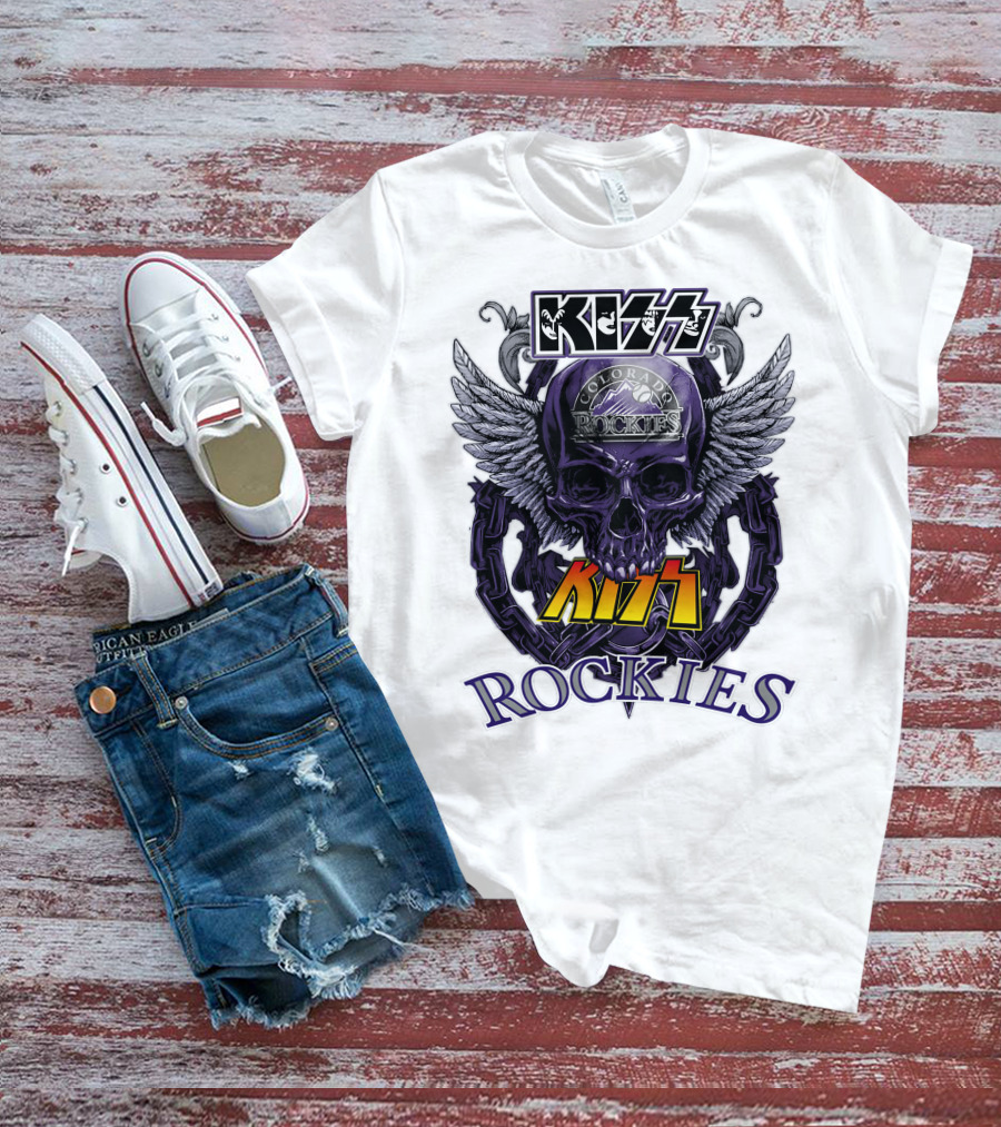 Kiss Colorado Rockies Skull Wings Logo Fusion T-Shirt