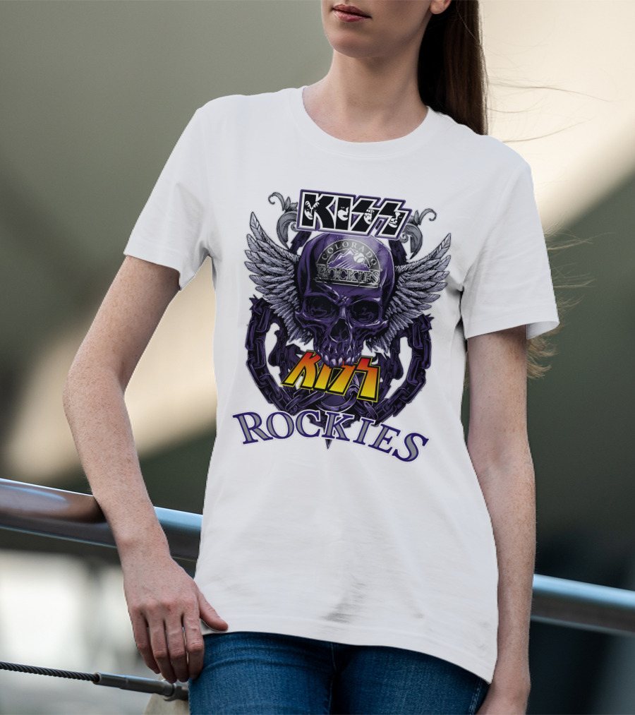 Kiss Colorado Rockies Skull Wings Logo Fusion T-Shirt