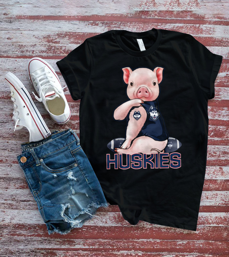 Pig Wearing Connecticut Huskies Logo Football Mascot T-Shirt