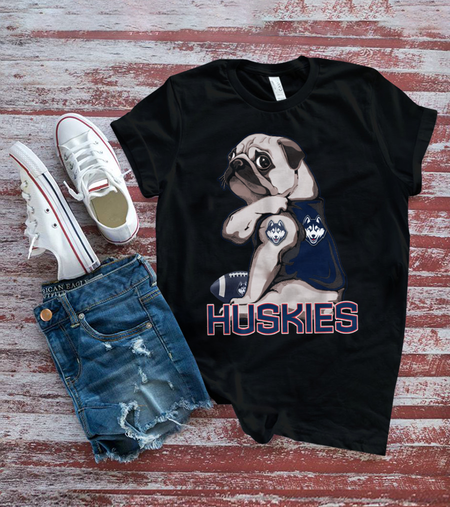 Pug With Connecticut Huskies Logo And Football T-Shirt