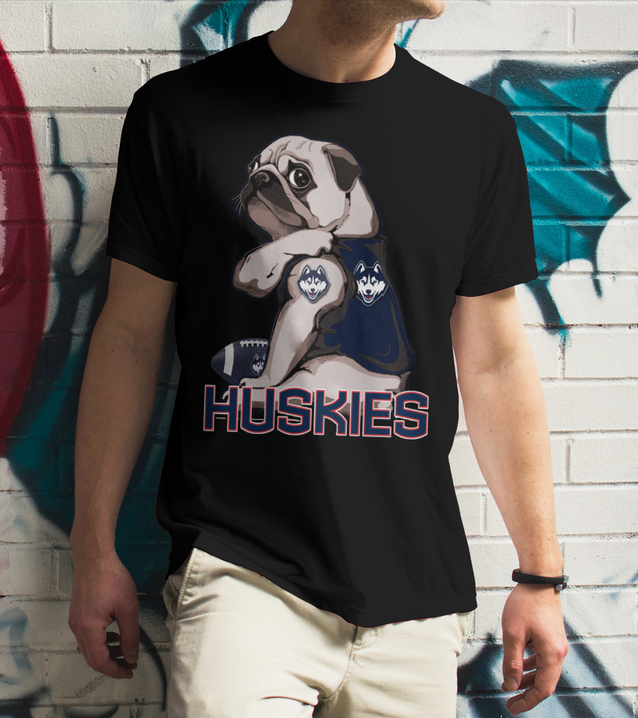 Pug With Connecticut Huskies Logo And Football T-Shirt