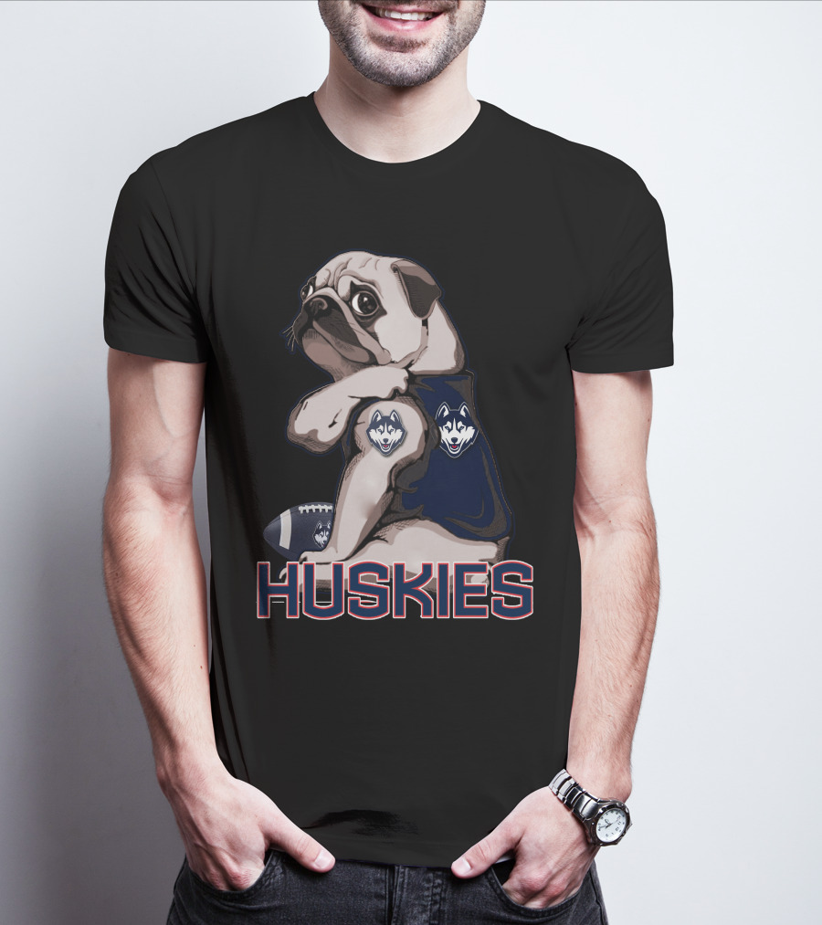 Pug With Connecticut Huskies Logo And Football T-Shirt