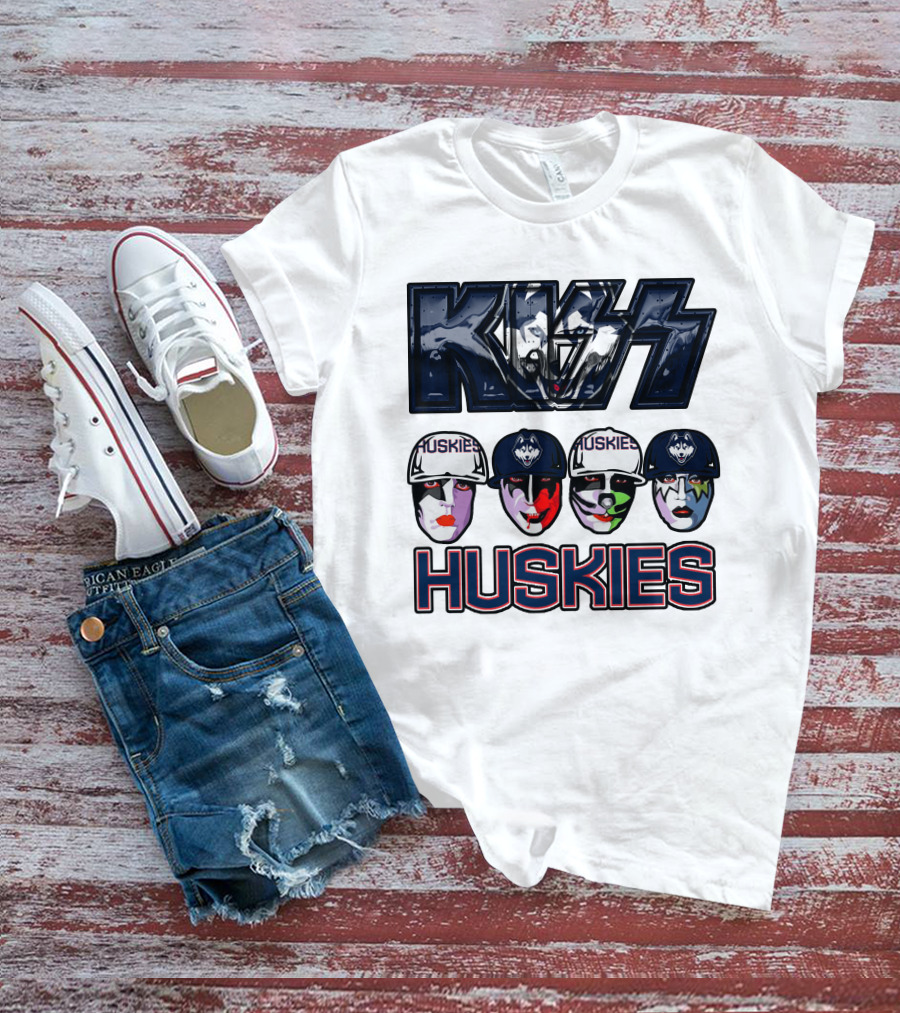 Kiss Band Style Logo With Connecticut Huskies Faces And Hats T-Shirt