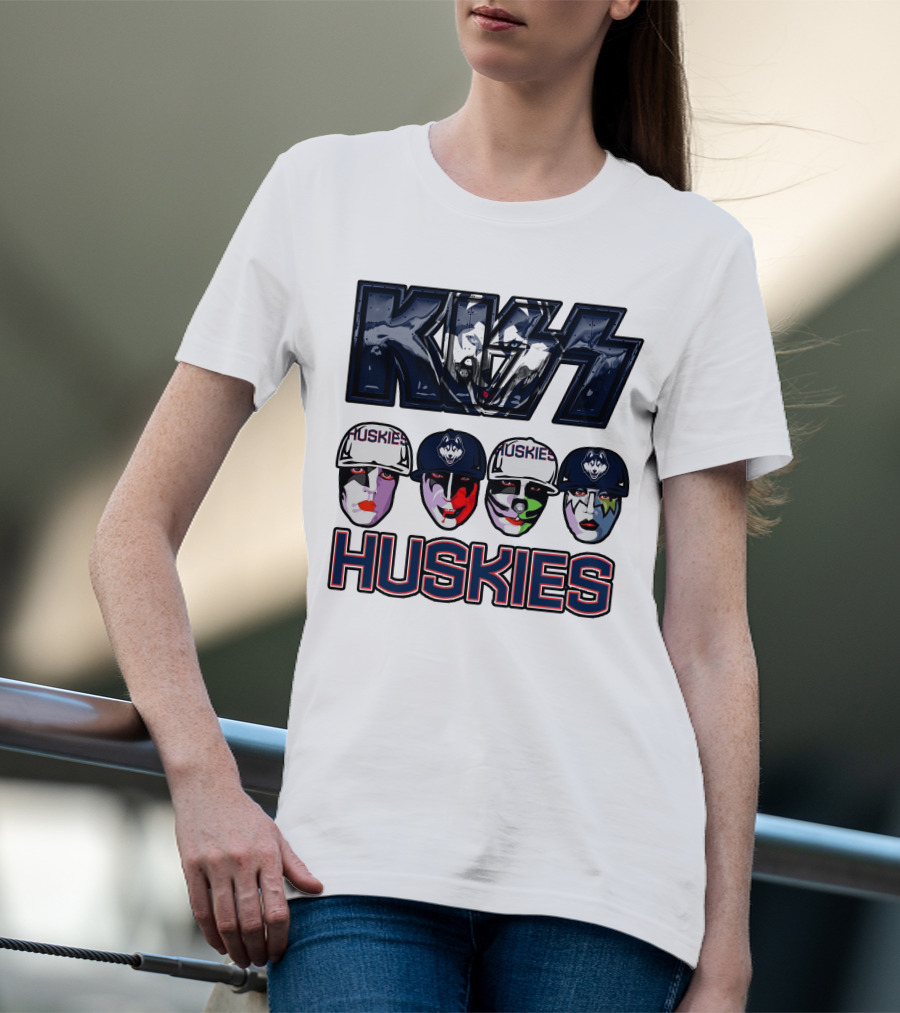 Kiss Band Style Logo With Connecticut Huskies Faces And Hats T-Shirt