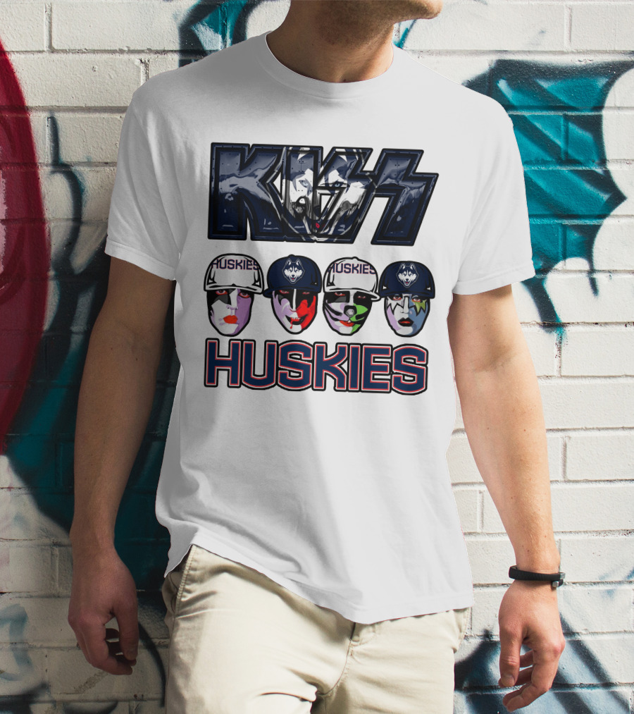 Kiss Band Style Logo With Connecticut Huskies Faces And Hats T-Shirt