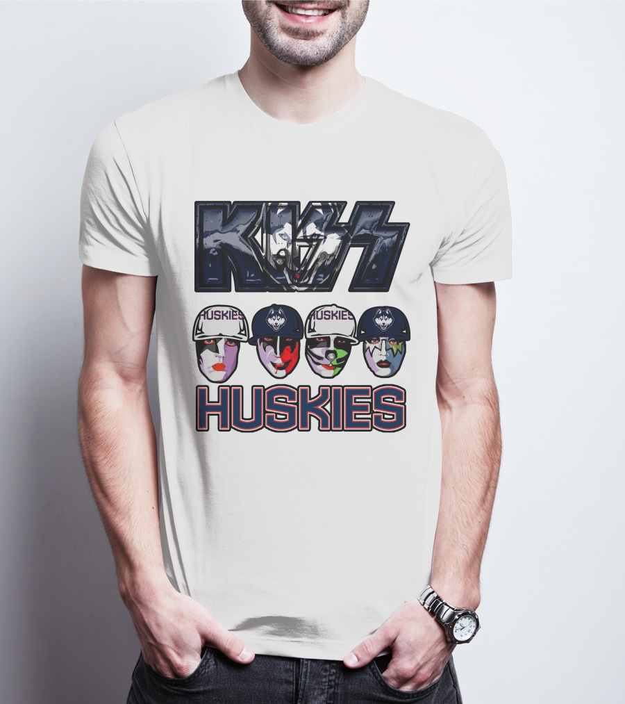 Kiss Band Style Logo With Connecticut Huskies Faces And Hats T-Shirt