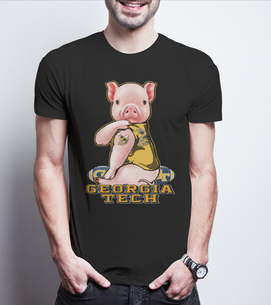 Pig Wearing Georgia Tech Yellow Jackets Mascot Jersey T-Shirt